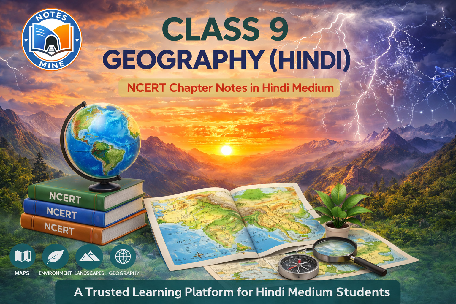 Class 9 Geography notes in Hindi medium with NCERT chapter-wise content including mountains, climate, maps and natural features